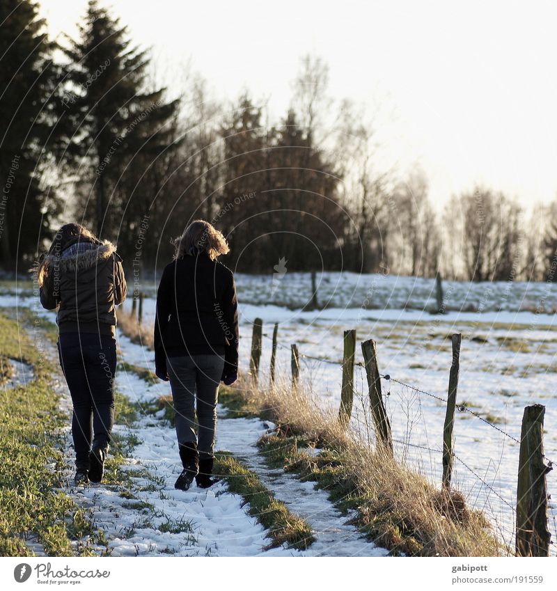Winterspaziergang wandern Großmutter Familie & Verwandtschaft Jugendliche Leben 2 Mensch Natur Zaun Zaunpfahl Stacheldrahtzaun gehen Zusammensein Bewegung