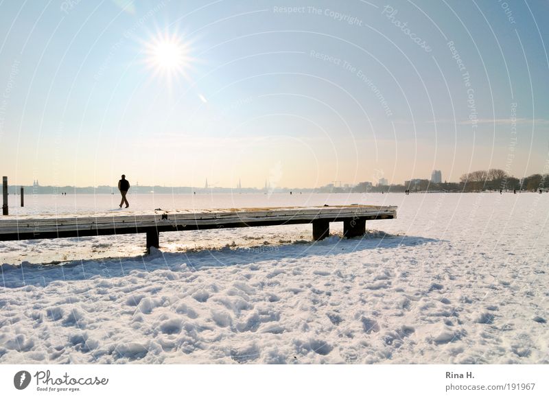 Über Wasser gehen in der schönsten Stadt der Welt.. 1 Mensch Natur Himmel Wolkenloser Himmel Sonnenlicht Winter Klimawandel Schönes Wetter Eis Frost Schnee See