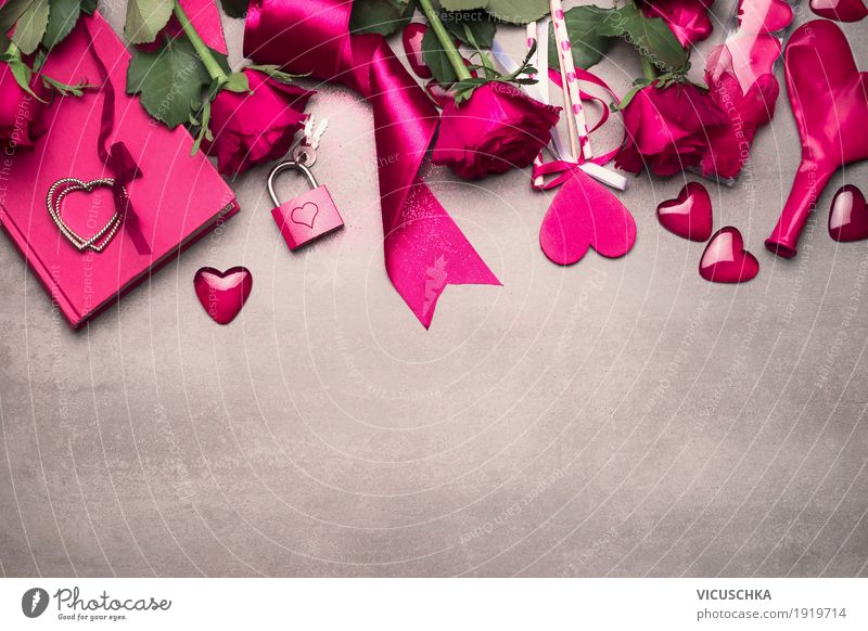 Valentinstag Hintergrund mit pink Rosen und Dekoration elegant Stil Design Dekoration & Verzierung Party Restaurant Blume Blumenstrauß Schleife Zeichen Herz