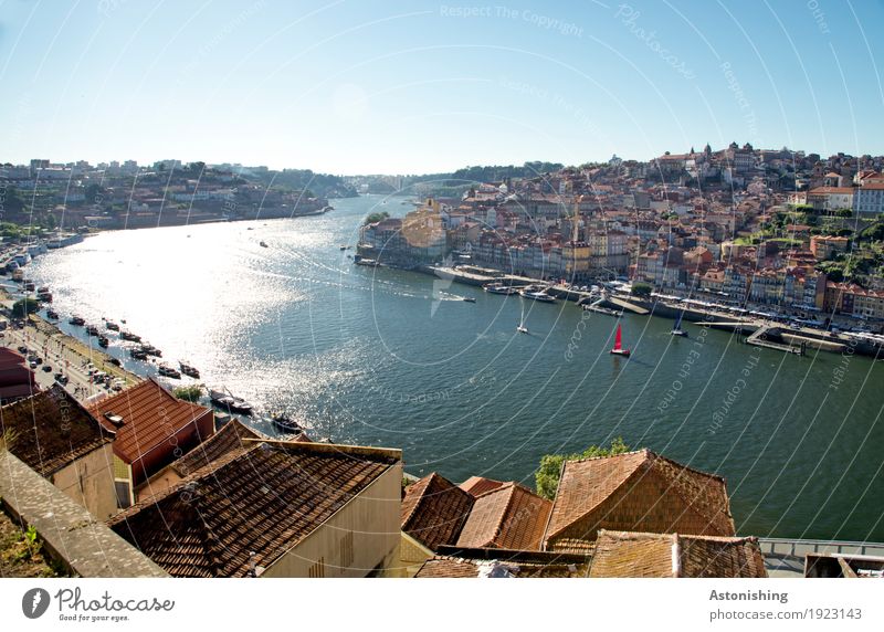 Stadt am Douro Umwelt Natur Himmel Wolkenloser Himmel Sonnenlicht Sommer Wetter Schönes Wetter Wärme Wellen Flussufer Porto Portugal Hafenstadt Stadtzentrum