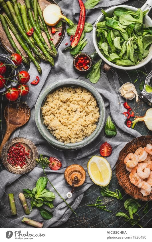 Gesundes Kochen mit Spargel und Quinoa Samen Meeresfrüchte Gemüse Getreide Kräuter & Gewürze Öl Ernährung Mittagessen Abendessen Büffet Brunch Bioprodukte