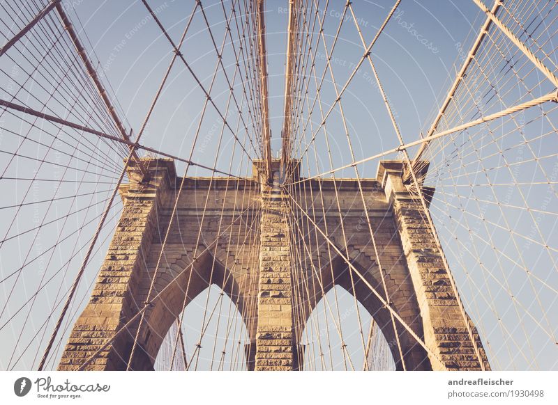 Brooklyn Bridge New York City Nordamerika Stadt Hauptstadt Stadtzentrum überbevölkert Brücke Bauwerk Gebäude Sehenswürdigkeit hoch Linie Strukturen & Formen