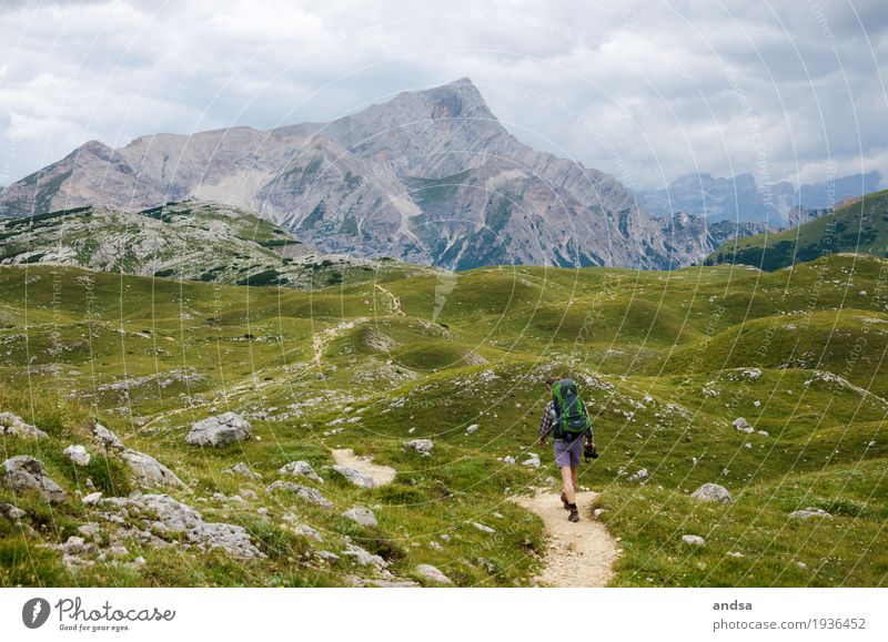 Wanderer im Hochgebirge in der Idylle Mann wandern Natur Mensch Trekking Abenteuer Berge u. Gebirge Rucksack Ferien & Urlaub & Reisen Tourismus Aussicht