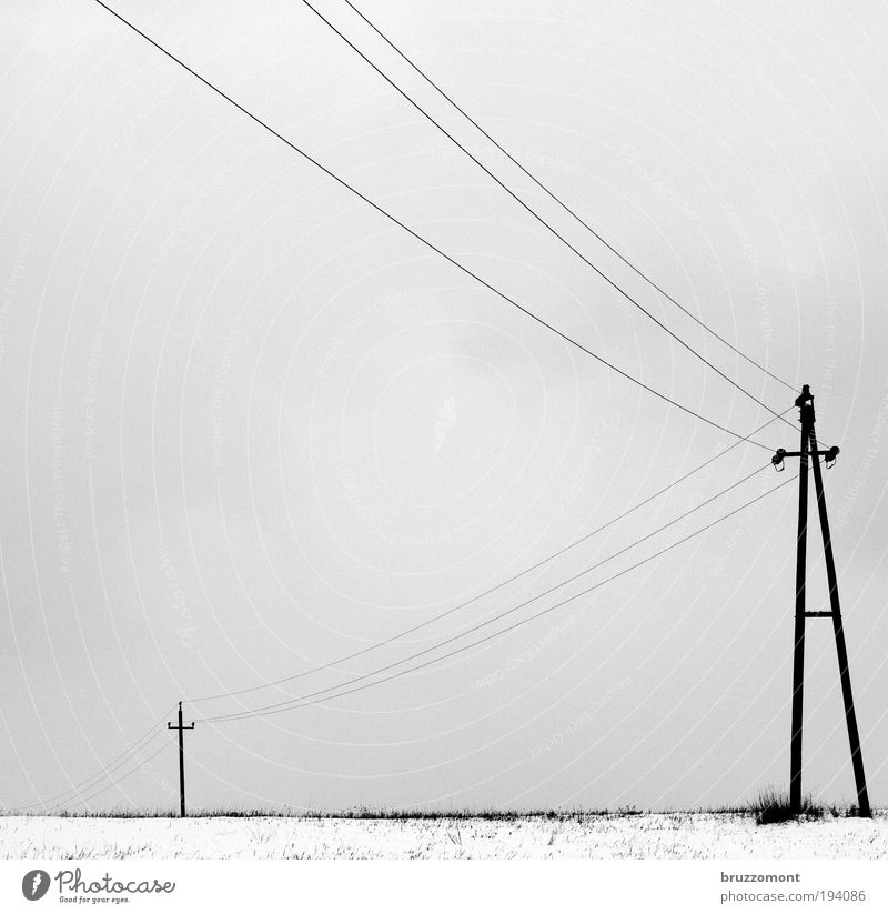 _i____Ä Elektrizität Leitung Hochspannungsleitung Energiewirtschaft Winter Schnee trüb grau Schwarzweißfoto kalt Strommast Wolken ländlich Quadrat Frost trist