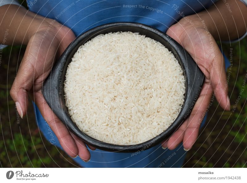 Hände halten Reis in einer Schüssel Ernährung Vegetarische Ernährung Diät Schalen & Schüsseln Hand Finger Natur natürlich trocken weiß Tradition kochen & garen