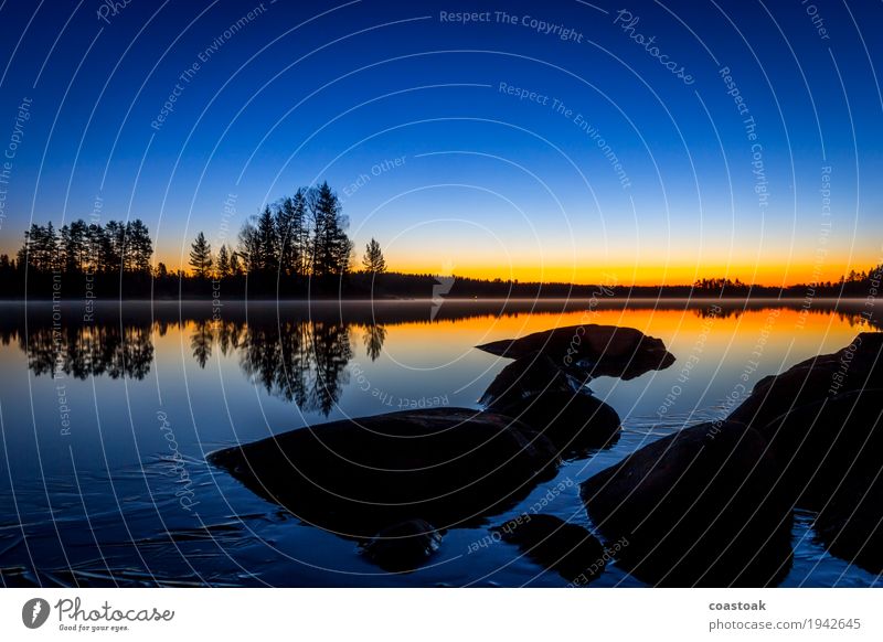 Blaue Stunde am Salajärvi Natur Landschaft Wasser Wolkenloser Himmel Sonnenaufgang Sonnenuntergang Herbst Schönes Wetter Seeufer Onkiniemi Finnland Menschenleer