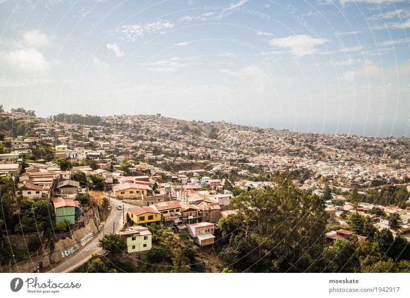 Valparaiso, Chile Stadt Stadtzentrum bevölkert Haus blau Valparaíso Hügel Aussicht Farbfoto Gedeckte Farben Außenaufnahme Luftaufnahme Textfreiraum oben