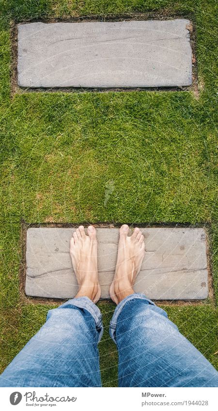 step by step Mensch Mann Erwachsene Körper Fuß 1 grün stehen Jeanshose Garten Wege & Pfade Steinplatten Rasen schreiten lernen vorwärts Ziel Zielerreichung