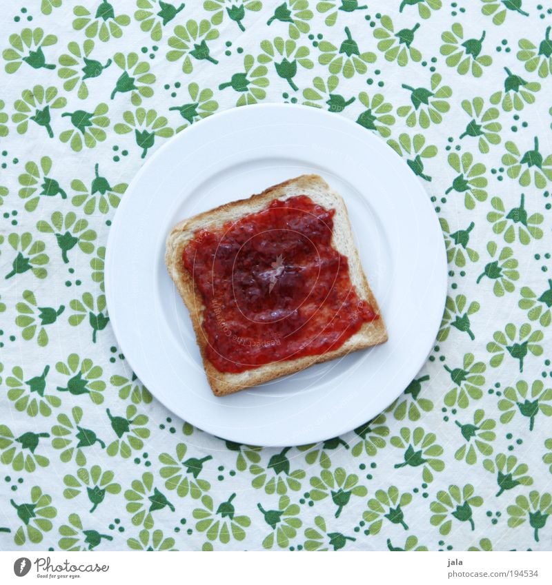 Suze's Erdbeermarmelade Lebensmittel Brot Marmelade Ernährung Frühstück Bioprodukte Vegetarische Ernährung Geschirr Teller gut lecker weiß grün Muster Toastbrot
