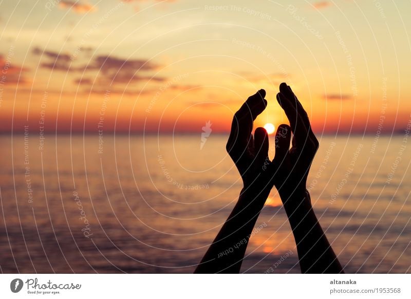 Silhouette der weiblichen Hände während des Sonnenuntergangs Lifestyle Leben harmonisch Freiheit Sommer Strand Mensch Hand Finger Natur Himmel Liebe