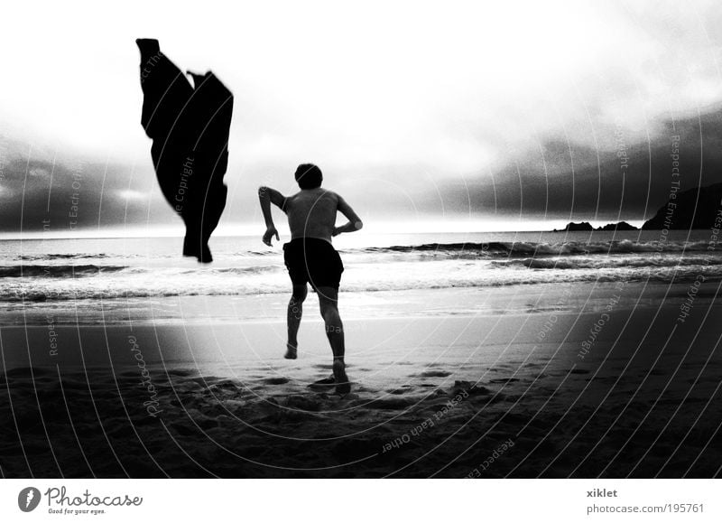 Mann läuft am Strand maskulin Junger Mann Jugendliche Körper 1 Mensch 18-30 Jahre Erwachsene Landschaft Sand Wasser Sonne Wellen Küste T-Shirt rennen gehen