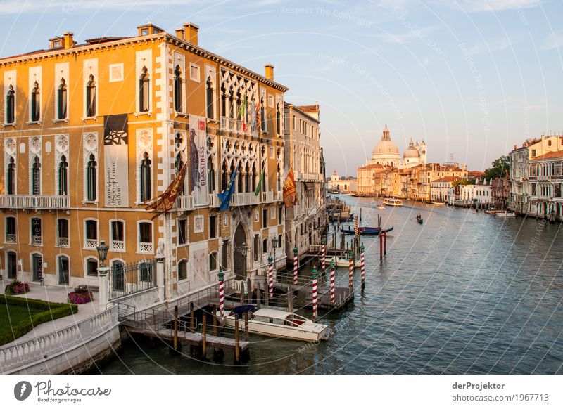 Sonnenaufgang am Canale Grande in Venedig V Blick Zentralperspektive Starke Tiefenschärfe Morgendämmerung Licht Schatten Kontrast Textfreiraum Mitte