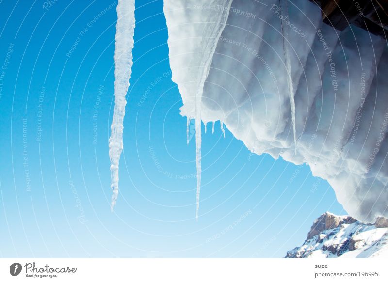 Eiszapfen Umwelt Urelemente Wasser Himmel Wolkenloser Himmel Winter Klima Schönes Wetter Frost Schnee Alpen Berge u. Gebirge Gipfel Dach authentisch eckig