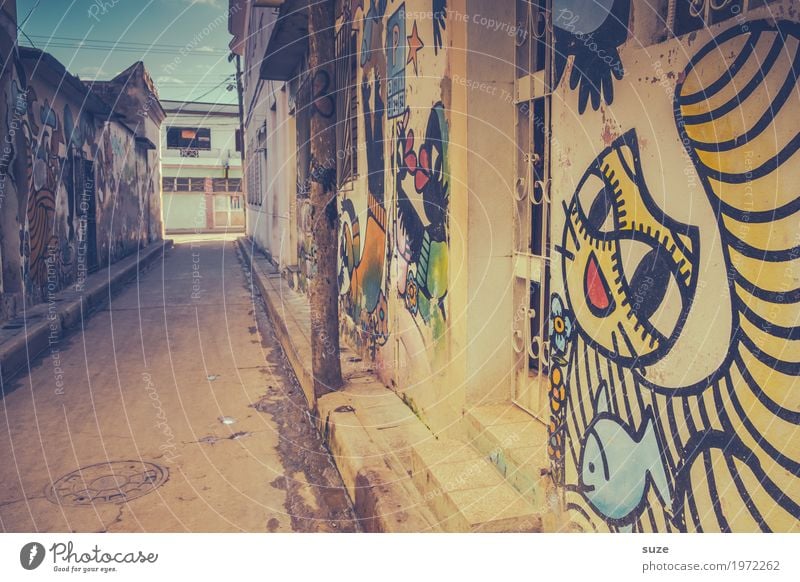 Die lachende Gasse Städtereise Haus Kunst Kultur Jugendkultur Stadt Stadtrand Altstadt Fassade Katze Graffiti alt Armut dreckig Fröhlichkeit niedlich retro