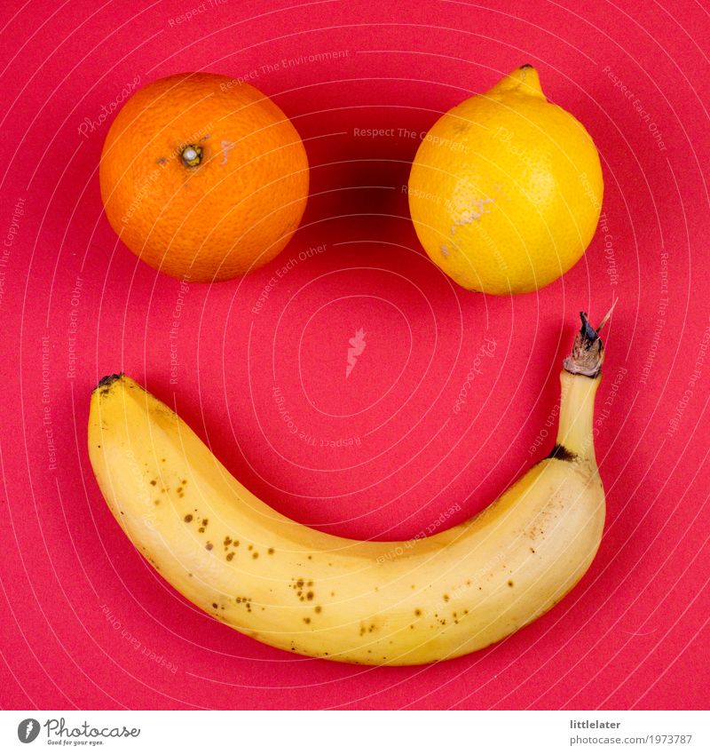 freundliches Obst Lebensmittel Frucht Essen Frühstück Picknick Bioprodukte Vegetarische Ernährung Diät dünn Banane Zitrone Orange gelb rot rosa Gesicht lustig