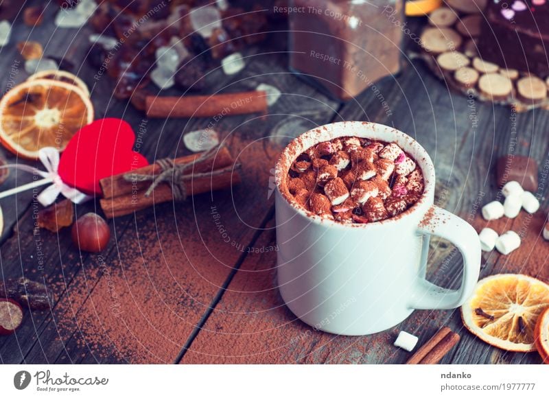Trink heiße Schokolade mit Marshmallows Frucht Dessert Süßwaren Kräuter & Gewürze Frühstück Getränk trinken Heißgetränk Kakao Kaffee Tasse Becher Winter Tisch