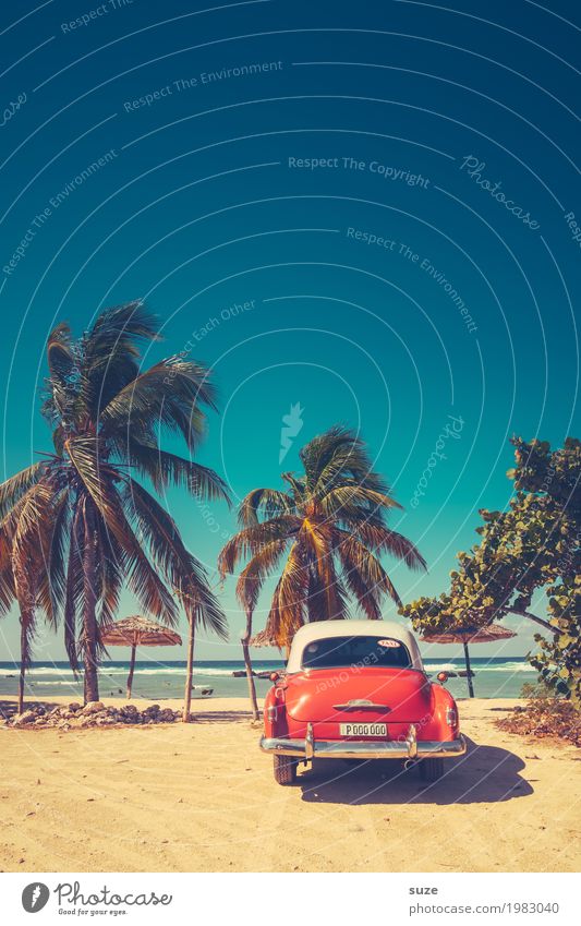 Urlaubsgrüße aus Kuba Lifestyle Design Ferien & Urlaub & Reisen Sommer Sommerurlaub Strand Sand Küste Bucht Meer Verkehrsmittel PKW Taxi Oldtimer alt