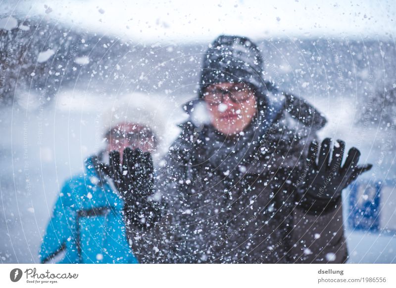 Zwei Menschen genießen das Schneegestöber Freizeit & Hobby Spielen Schneeballschlacht Ausflug Winter Winterurlaub Wintersport maskulin feminin Junge Frau