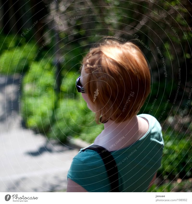 linkswärts Ausflug Sommer wandern feminin Junge Frau Jugendliche 18-30 Jahre Erwachsene Natur Schönes Wetter Sträucher Park T-Shirt Ohrringe Tasche Sonnenbrille