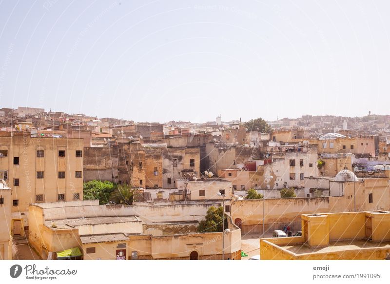 Fès Himmel Wolkenloser Himmel Sommer Schönes Wetter Stadt Haus Mauer Wand Armut Wärme Fes Marokko Farbfoto Außenaufnahme Menschenleer Textfreiraum oben Tag