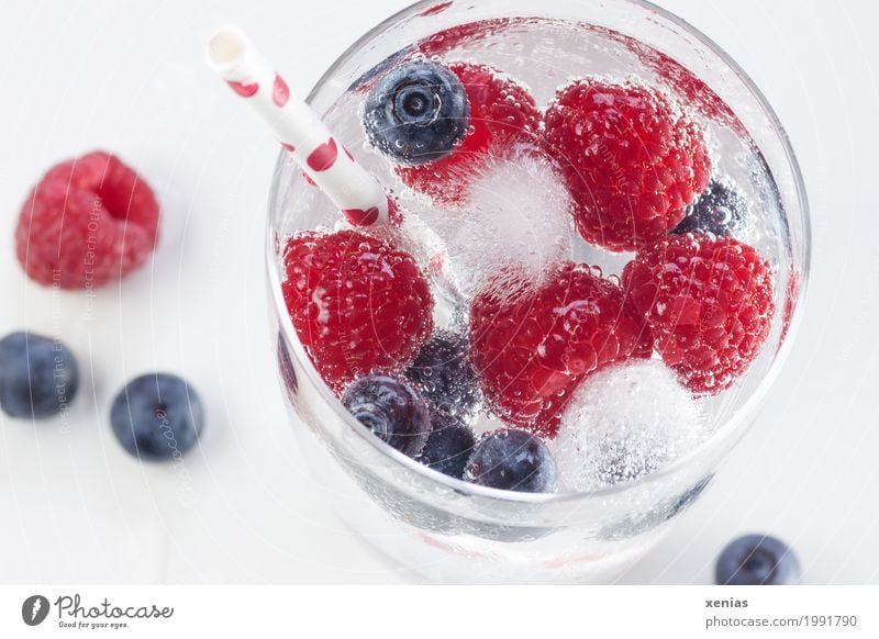 Erfrischungsgetränk mit Himbeeren und Heidelbeeren Frucht Getränk Trinkwasser Limonade Eiswürfel Glas Trinkhalm Sommer Sommerurlaub Party trinken kalt süß rot