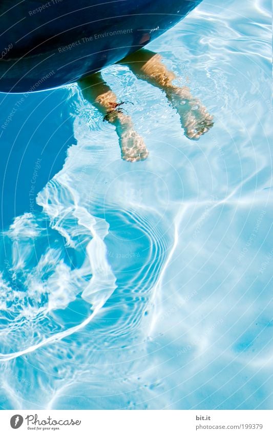 Zwei nackte Füße tauchen im blauen Wasser unter einem großen blauen Schwimmring. Freude Spielen Ferien & Urlaub & Reisen Ausflug Sommerurlaub Sonne Schwimmbad