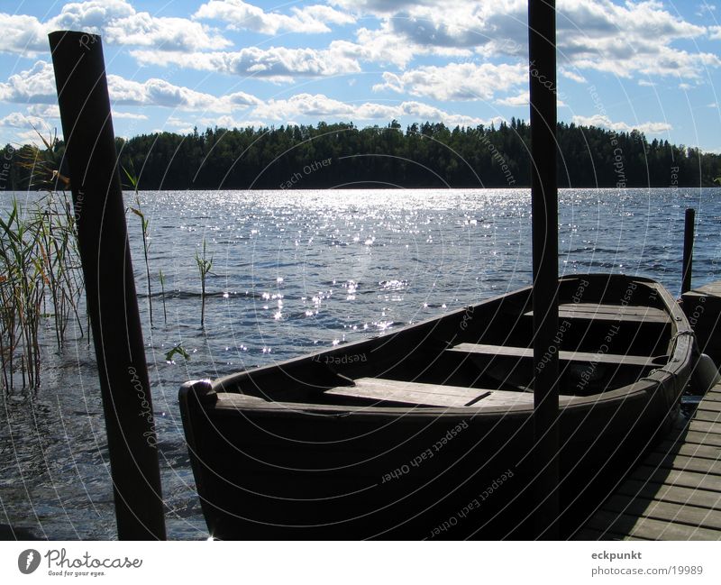See in Schweden Wasserfahrzeug Steg Wolken Sonne