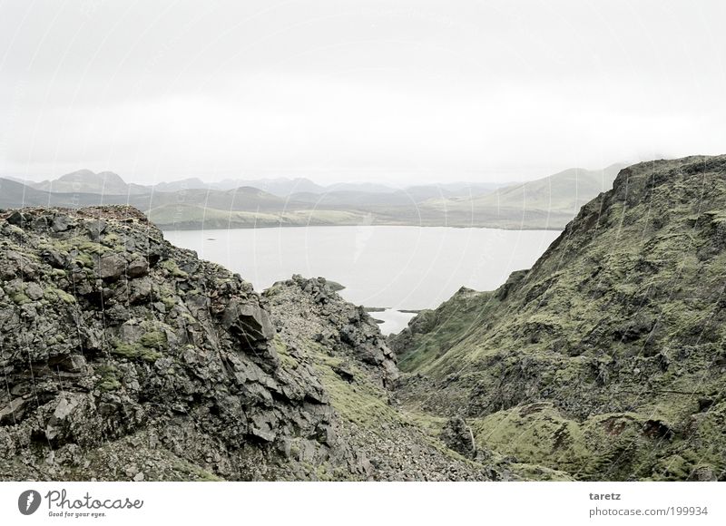 Kalter See Umwelt Landschaft kalt Stein Felsen Moos Island Geröll Ferne Aussicht Hügel Wolken bleich grau leer Natur ruhig Einsamkeit mystisch malerisch
