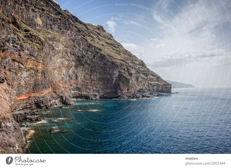 schroff Natur Landschaft Wasser Himmel Wolken Horizont Frühling Wetter Schönes Wetter Felsen Küste Bucht Riff Meer maritim schön blau braun grau grün orange