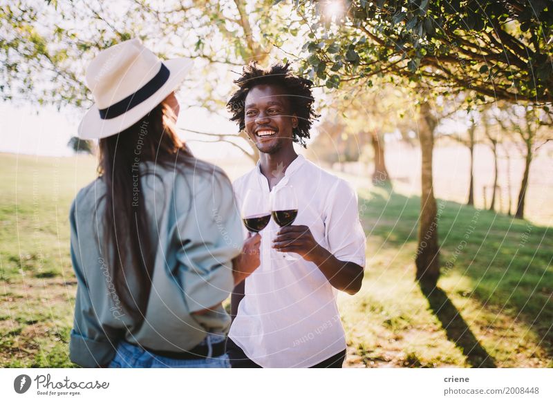 Gemischte Rennpaare beim gemeinsamen Weintrinken am Sommertag Freude Junge Frau Jugendliche Junger Mann Freundschaft Paar Partner Park Afro-Look Lächeln