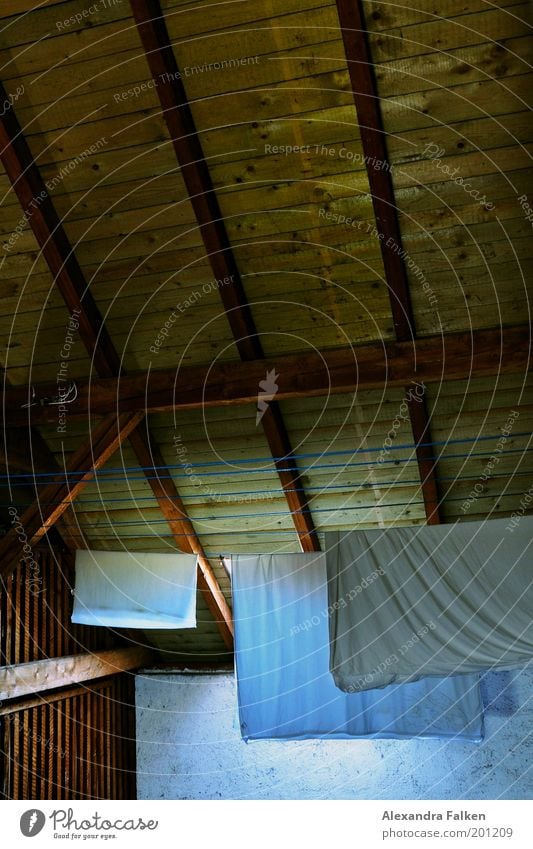 Aufgehängt II Dachboden Wäscheleine hängen kalt Bettwäsche Bettlaken Holz Holzdach blau Falte Faltenwurf Arbeit & Erwerbstätigkeit Wäscherei Farbfoto