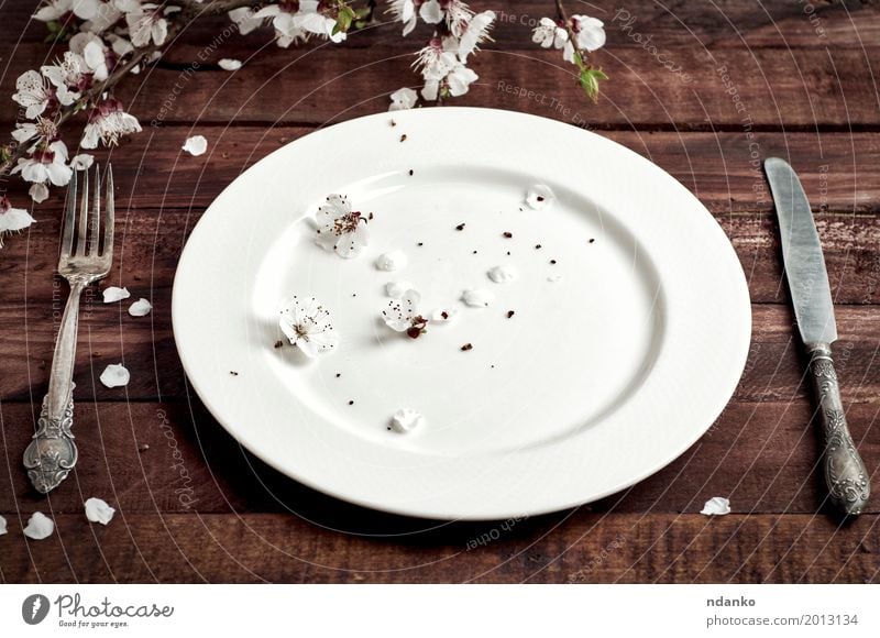 Porzellanplatte mit einem wilkyo und einem Messer auf einer braunen Tabelle Mittagessen Abendessen Teller Besteck Gabel Tisch Küche Restaurant Pflanze Blume