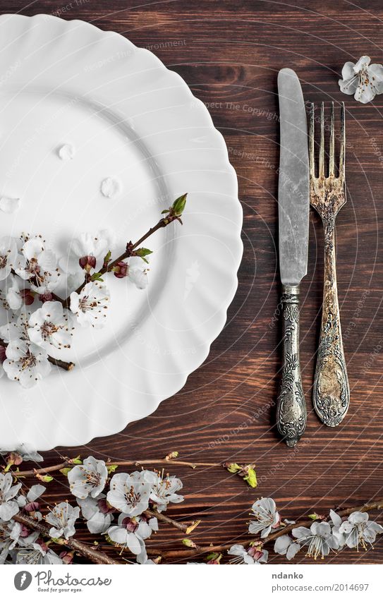 Weißes leeres Platten- und Metallweinlesemesser und -gabel Mittagessen Abendessen Teller Besteck Messer Gabel Tisch Küche Restaurant Blume Holz Stahl alt Essen