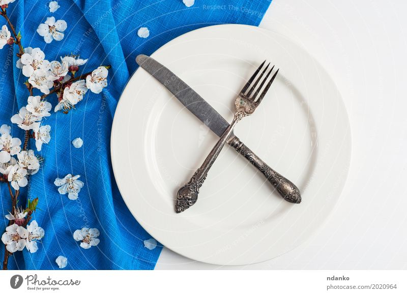 Gekreuztes Messer und Gabel auf einer leeren weißen Platte Mittagessen Abendessen Teller Besteck Tisch Küche Restaurant Blume Holz Metall Stahl alt Essen oben