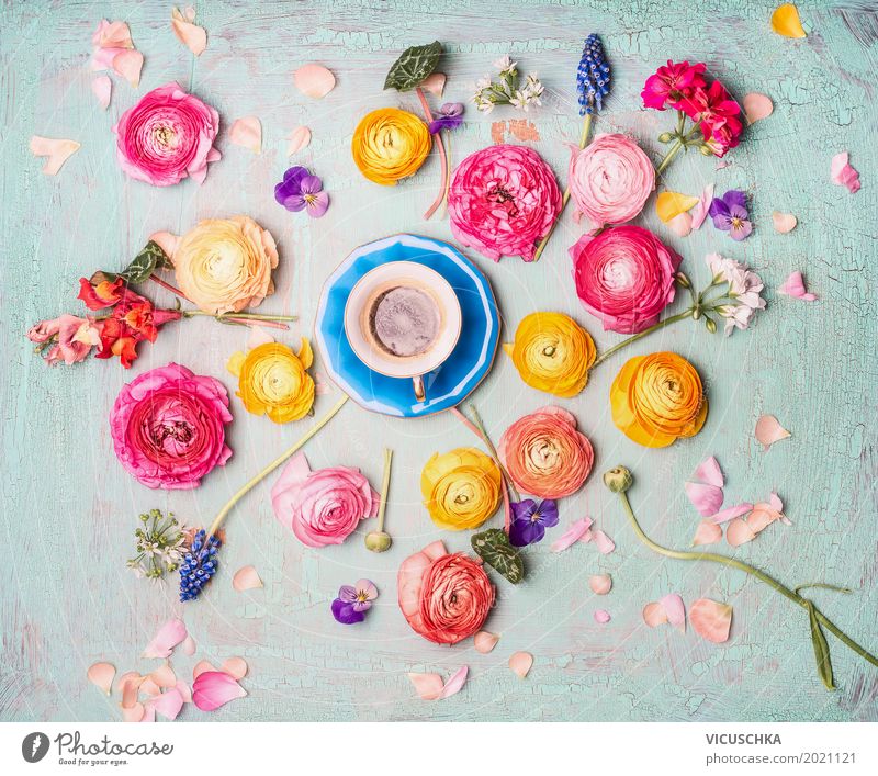 Tasse Kaffee mit bunten Blumen Getränk Heißgetränk Stil Design Innenarchitektur Dekoration & Verzierung Feste & Feiern Valentinstag Muttertag Geburtstag Natur