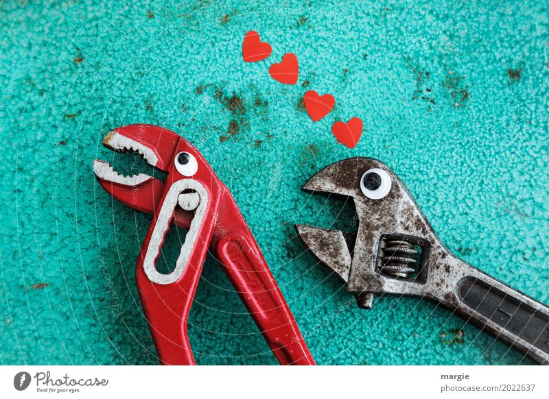 Liebe ist .......Abweisung. Eine Zange und ein Schraubendreher mit Augen und Herzen Beruf Handwerker Arbeitsplatz Baustelle Dienstleistungsgewerbe Werkzeug