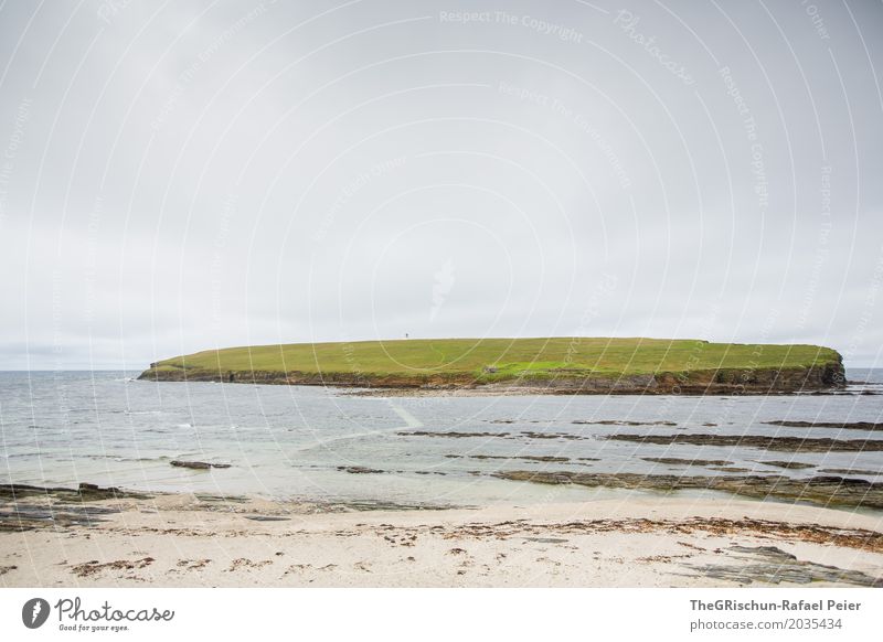 Insel Umwelt Natur Landschaft Wasser grau grün schwarz Haus Weide Meer Wolken Sand Strand Ferne Orkney Islands Farbfoto Außenaufnahme Menschenleer