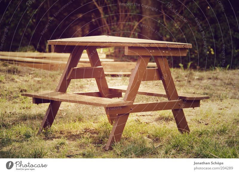Tischlein deck dich Natur ästhetisch braun grün ruhig Idylle Garten Holz Sitzgelegenheit Bank klein leer unbenutzt Dreieck Wiese Farbfoto Außenaufnahme