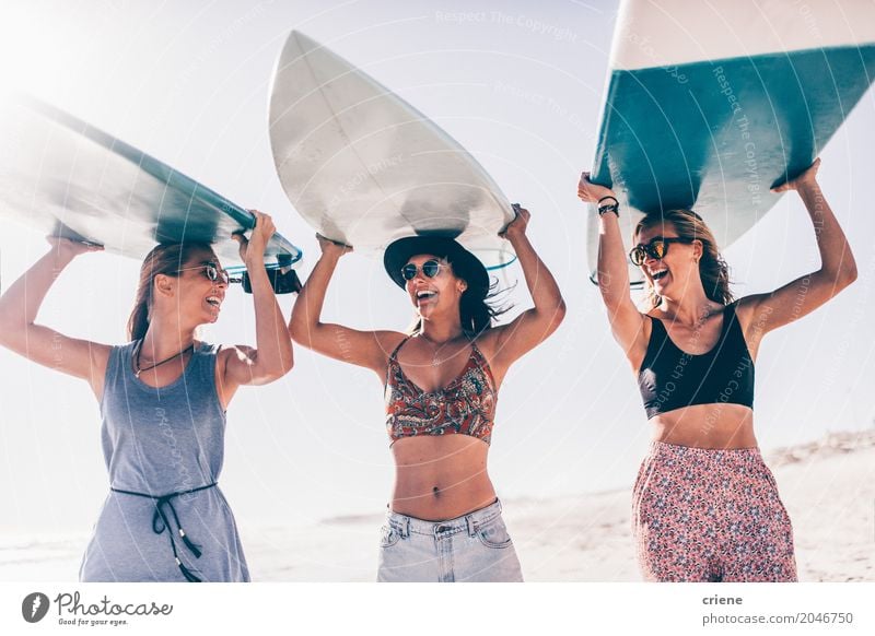 Glückliche junge erwachsene Freunde, die Spaß am Strandsurfen haben Lifestyle Freude Leben Freizeit & Hobby Ferien & Urlaub & Reisen Abenteuer Freiheit Sommer