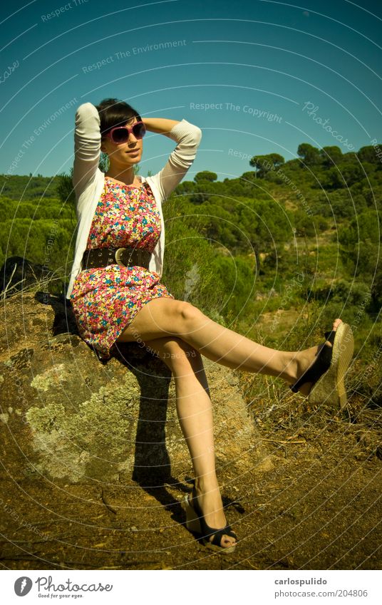 Natur Hügel Mode Bekleidung Kleid Schuhe sitzen Coolness frisch mehrfarbig Fröhlichkeit elegant Feld Frau retro Beautyfotografie Baum lustig Farbfoto