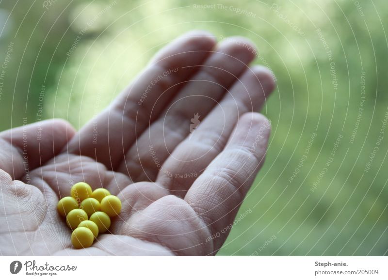 Blumenperlen Kunststoff klein gelb grün Unschärfe Geschenk Kugel Perle zeigen Bonbon Finger Liebesperlen Alternativmedizin Hand geben schenken Textfreiraum oben