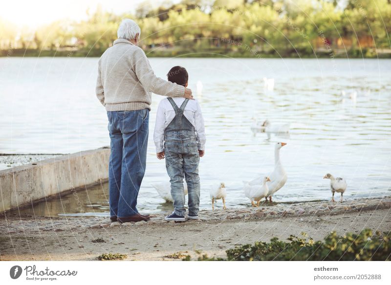 Großvater mit seinem Enkel auf dem See. Rückansicht Lifestyle Freizeit & Hobby Mensch maskulin Kind Kleinkind Junge Männlicher Senior Mann Großeltern