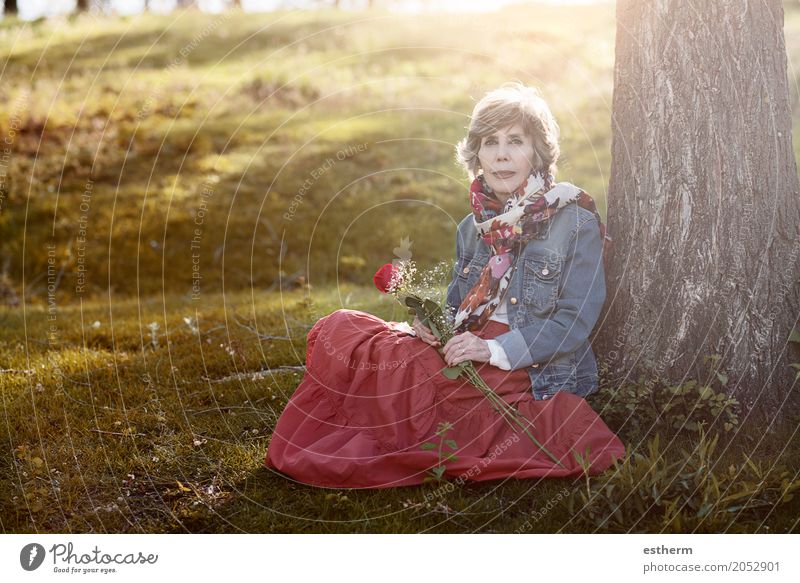 Glückliche ältere Frau, die auf dem Gras sitzt Lifestyle schön Wellness Leben Valentinstag Mensch feminin Weiblicher Senior Großmutter 1 60 und älter Rose