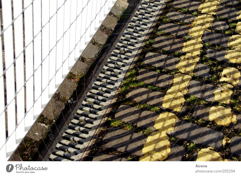 Mustermix Zaun Metall Metallzaun weiß Schatten Straße Pflastersteine Linien grau gelb schwarz Sonnenlicht Streifen parallel eckig penibel Fahrbahnmarkierung