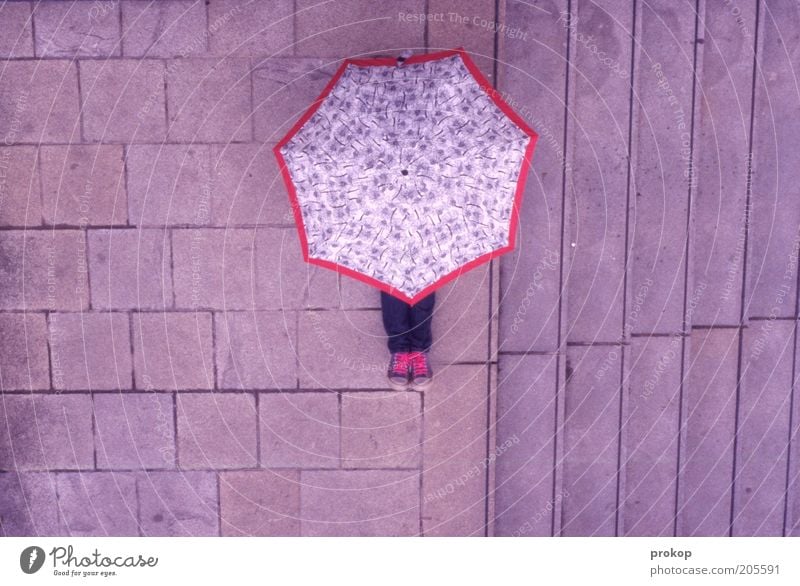 Himmel rosa. Regen wartet. Mensch Regenschirm Schuhe Turnschuh sitzen verstecken anonym Perspektive Farbfoto Außenaufnahme Tag Vogelperspektive Totale