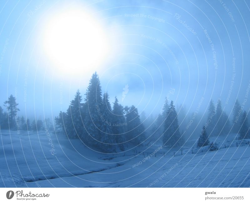 blauer nebel Farbfoto Außenaufnahme Menschenleer Textfreiraum oben Tag Licht Sonnenlicht Gegenlicht Winter Schnee Berge u. Gebirge Natur Landschaft Wolken Nebel