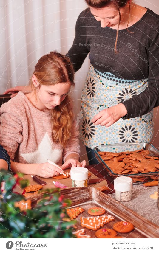 Mädchen, das Weihnachtslebkuchenplätzchen mit dem Zuckerguss verziert Lifestyle Dekoration & Verzierung Tisch Küche Weihnachten & Advent Mensch Frau Erwachsene