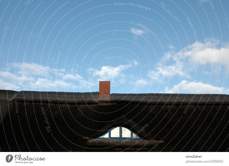 Ich fühle mich beobachtet Stil Himmel Wolken Sommer Schönes Wetter Menschenleer Haus Architektur Fenster Dach Schornstein Reetdach Bogen Fensterscheibe