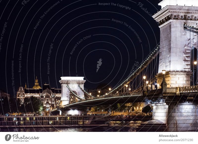 Budapest Kettelbrücke bei Nacht beleuchtet Europa Ungarn Donau Nachtaufnahme Menschenleer Beleuchtung Licht Brücke Kettenbrücke Wahrzeichen Sehenswürdigkeit