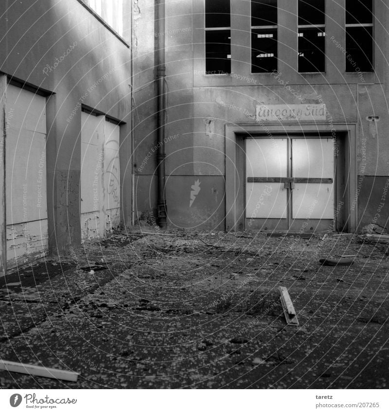 Eingang Süd Prora alt Tür geschlossen Ruine Fenster beklemmend schäbig verfallen Vierziger Jahre ruhig Vergangenheit Schilder & Markierungen einfach Sonnenlicht
